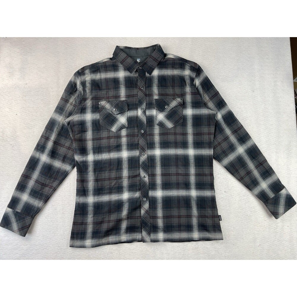 Kuhl Lowdown Flannel Men’s Large Charcoal  Long Sleeve Pearl Snap Outdoors Shirt